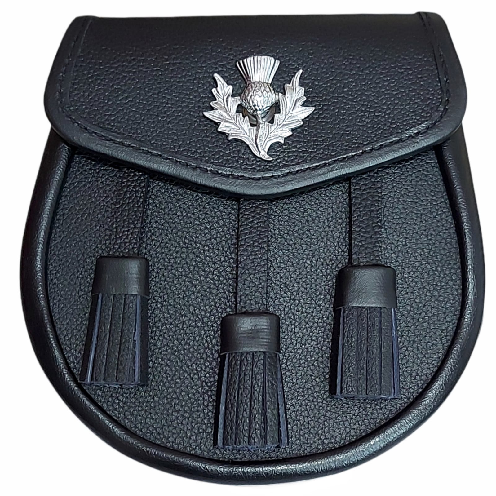 SITARAZ Kilt Sporran Thistle badge 3 Tassels, Black Leather With Chain Belt 006