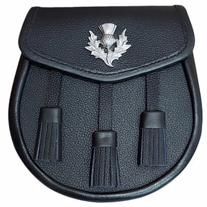 SITARAZ Kilt Sporran Thistle badge 3 Tassels, Black Leather With Chain Belt 006