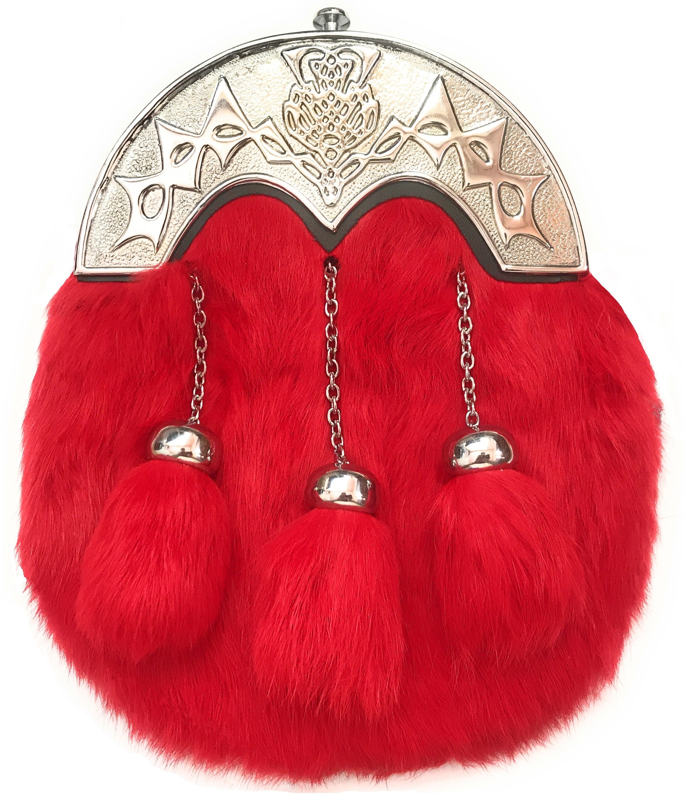 RED SPORRAN Thistle Celtic Cantle Kilt Mens Sporran Red Fur Leather With Chain Belt For Men 017