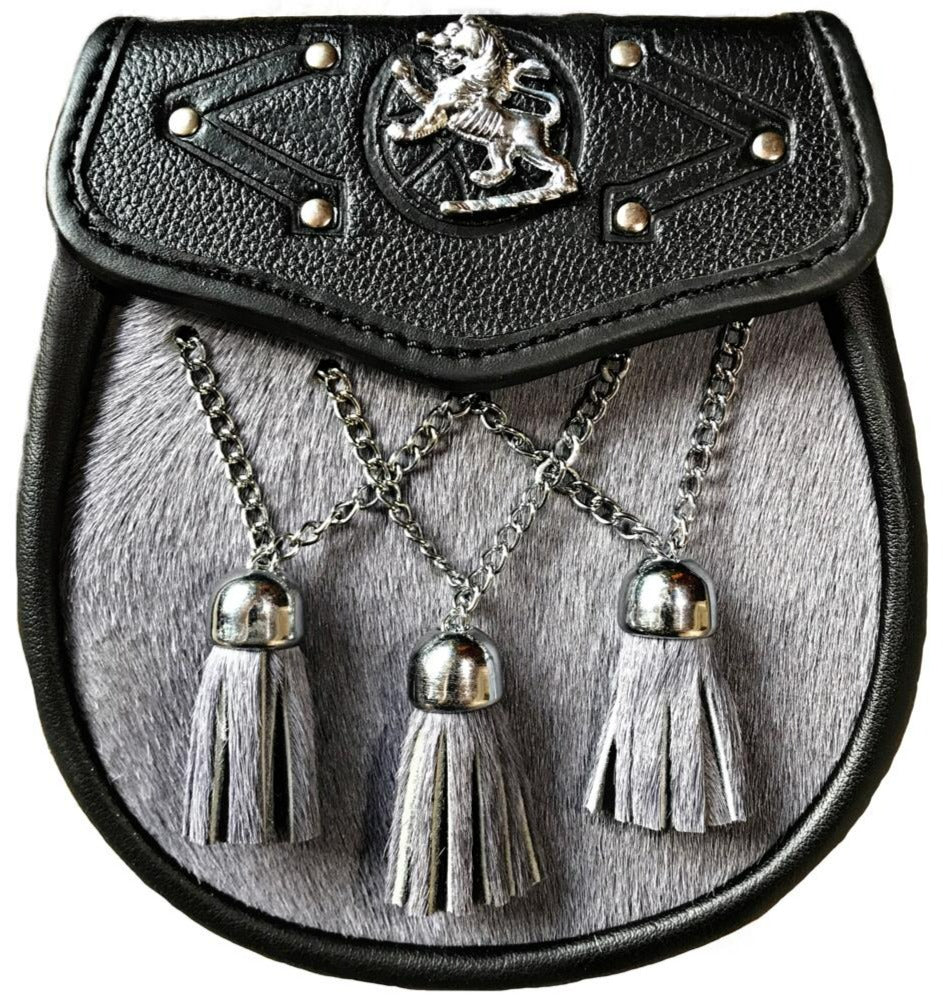 FULL DRESS KILT SPORRAN GREY FUR LION BADGE ON THE FLAP, 3 TASSELS 012
