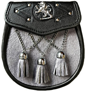 FULL DRESS KILT SPORRAN GREY FUR LION BADGE ON THE FLAP, 3 TASSELS 012
