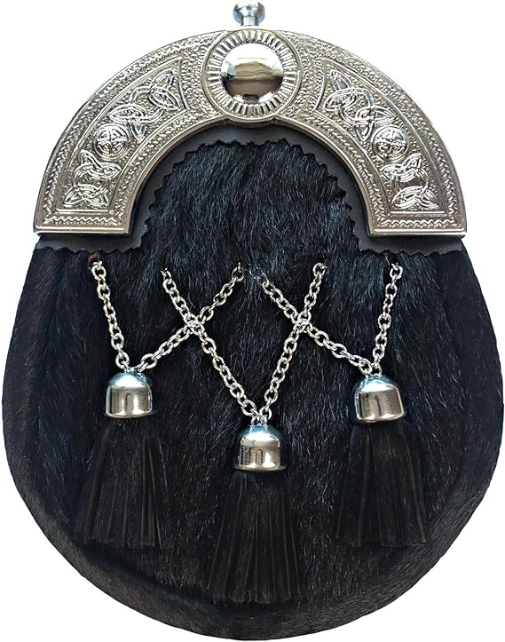 Black Fur Kilt Sporran Cross Chain 3 Tassels, Black Calf Hair Leather With Chain Belt 008