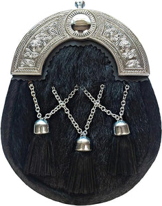 Black Fur Kilt Sporran Cross Chain 3 Tassels, Black Calf Hair Leather With Chain Belt 008