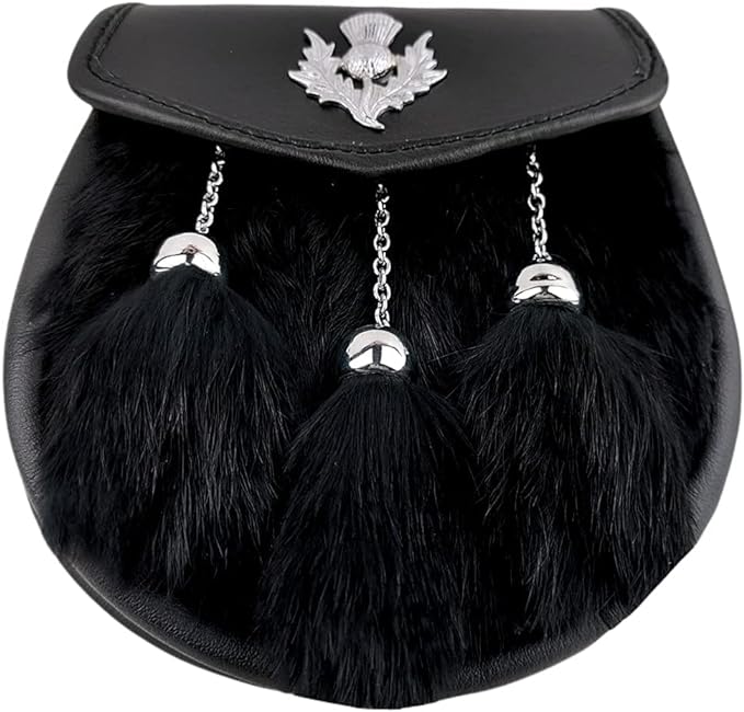 FULL DRESS KILT SPORRAN WITH THISTLE, BLACK FUR, THISTLE ON THE FLAP, 3 TASSELS 024