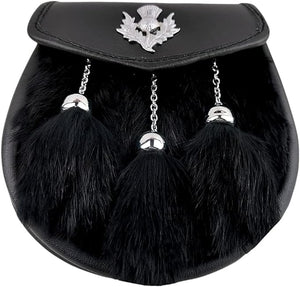 FULL DRESS KILT SPORRAN WITH THISTLE, BLACK FUR, THISTLE ON THE FLAP, 3 TASSELS 024