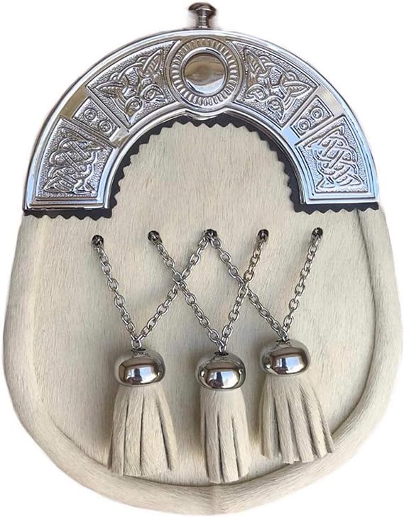 SITARAZ White Fur Kilt Sporran Cross Chain 3 Tassels, White Calf Hair Leather With Chain Belt 009