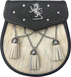 Full Dress Kilt Sporran Fur Lion Badge ON The Flap, 3 Tassels, OFF WHITE/Beige Colour 013