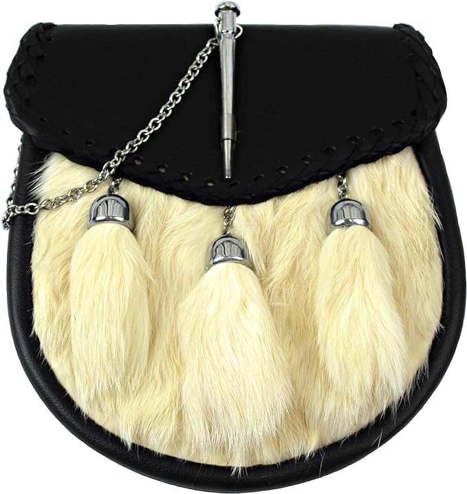 FULL DRESS KILT SPORRAN WITH LATCH PIN ON LEATHER FLAP, OFF WHITE FUR, 3 CHAINED TASSELS, AND CHAIN BELT 015