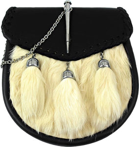 FULL DRESS KILT SPORRAN WITH LATCH PIN ON LEATHER FLAP, OFF WHITE FUR, 3 CHAINED TASSELS, AND CHAIN BELT 015
