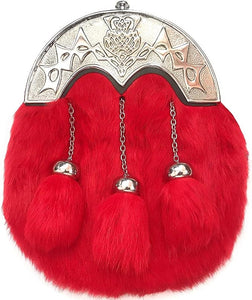 RED SPORRAN Thistle Celtic Cantle Kilt Mens Sporran Red Fur Leather With Chain Belt For Men 017