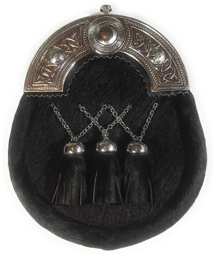 Black Fur Kilt Sporran Cross Chain 3 Tassels, Black Calf Hair Leather With Chain Belt 008