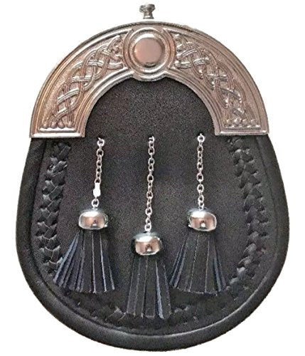 Kilt Sporran Cross Chain 3 Tassels, Black Leather With Chain Belt, Cantle Traditional Design For Men 007