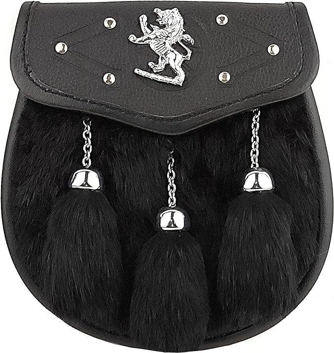 FULL DRESS KILT SPORRAN BLACK FUR LION BADGE ON THE FLAP, 3 TASSELS STRZ-022