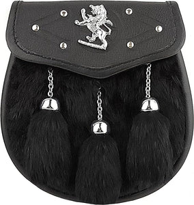 FULL DRESS KILT SPORRAN BLACK FUR LION BADGE ON THE FLAP, 3 TASSELS STRZ-022