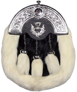 FULL DRESS KILT SPORRAN WHITE & BLACK RABBIT FUR, THISTLE BADGE, CHROME CELTIC CANTLE WITH THISTLE FOR MEN STRZ-010