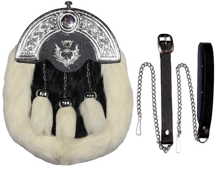 FULL DRESS KILT SPORRAN WHITE & BLACK RABBIT FUR, THISTLE BADGE, CHROME CELTIC CANTLE WITH THISTLE FOR MEN STRZ-010