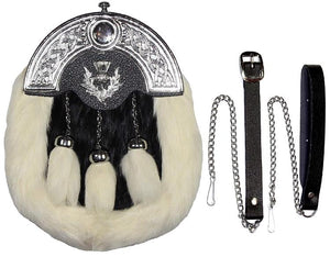 FULL DRESS KILT SPORRAN WHITE & BLACK RABBIT FUR, THISTLE BADGE, CHROME CELTIC CANTLE WITH THISTLE FOR MEN STRZ-010