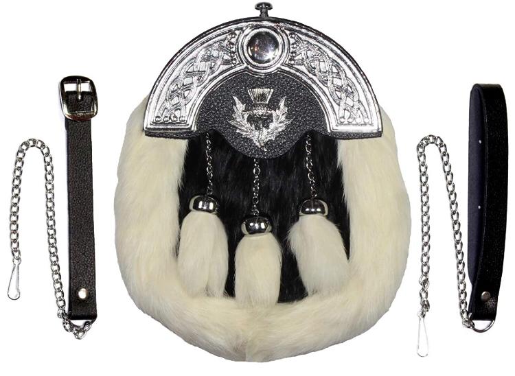 FULL DRESS KILT SPORRAN WHITE & BLACK RABBIT FUR, THISTLE BADGE, CHROME CELTIC CANTLE WITH THISTLE FOR MEN STRZ-010