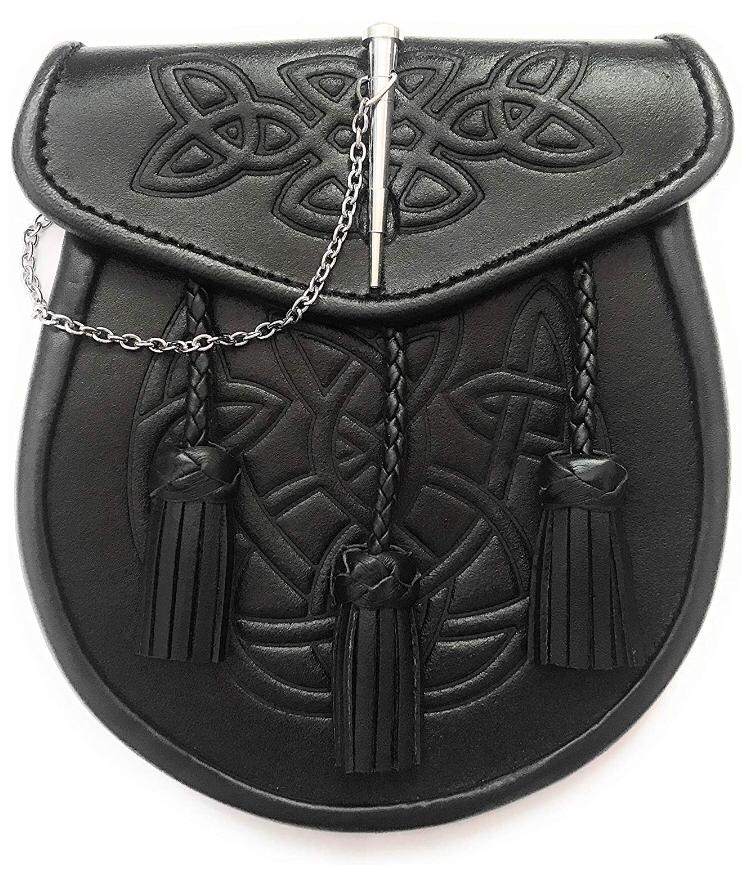 KILT SPORRAN LATCH PIN, CELTIC EMBOSSED FLAP, BLACK LEATHER WITH CHAIN BELT 014