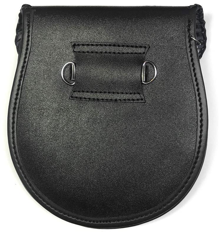 KILT SPORRAN LATCH PIN, CELTIC EMBOSSED FLAP, BLACK LEATHER WITH CHAIN BELT 014