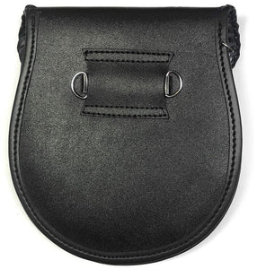 KILT SPORRAN LATCH PIN, CELTIC EMBOSSED FLAP, BLACK LEATHER WITH CHAIN BELT 014