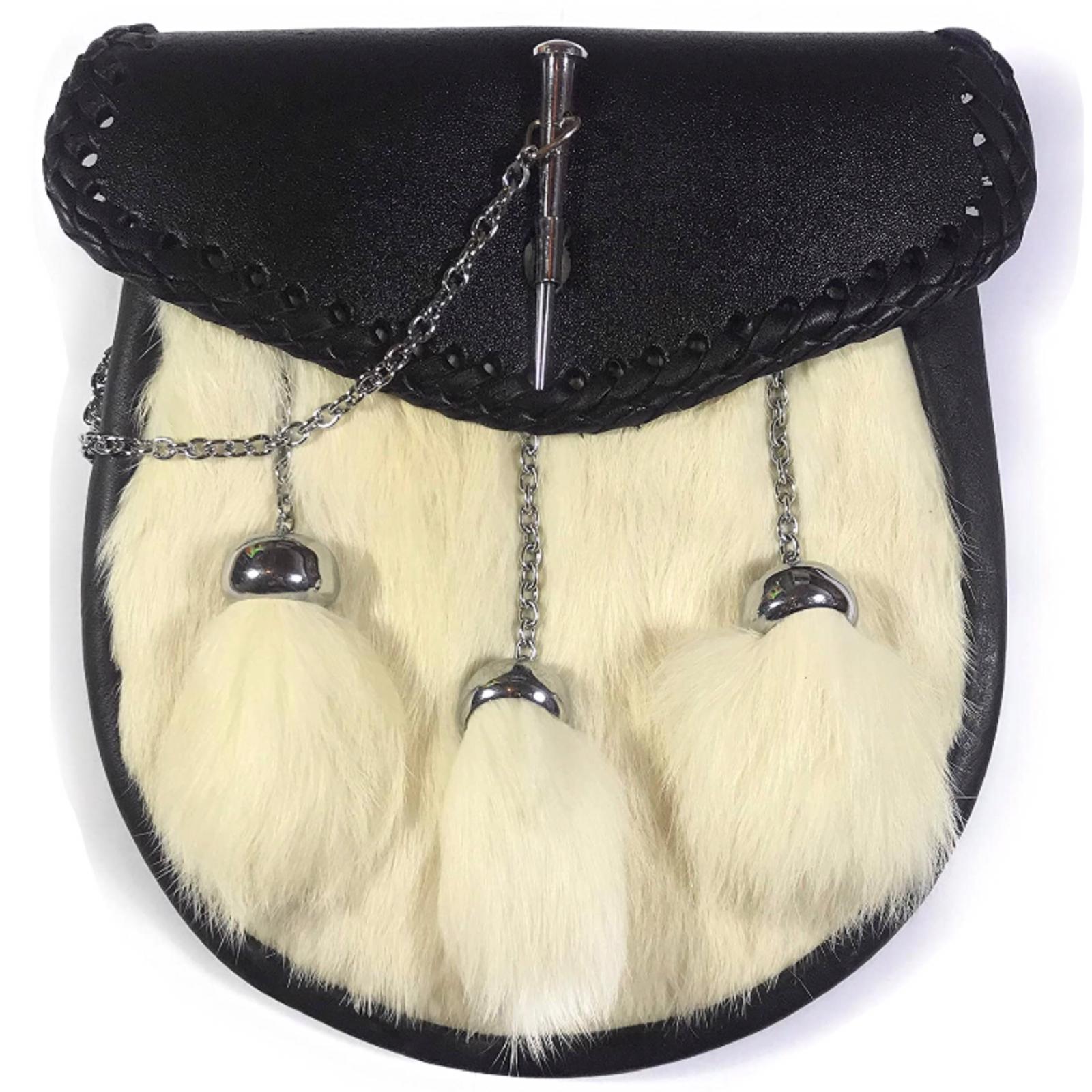 FULL DRESS KILT SPORRAN WITH LATCH PIN ON LEATHER FLAP, OFF WHITE FUR, 3 CHAINED TASSELS, AND CHAIN BELT 015