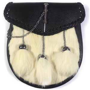 FULL DRESS KILT SPORRAN WITH LATCH PIN ON LEATHER FLAP, OFF WHITE FUR, 3 CHAINED TASSELS, AND CHAIN BELT 015