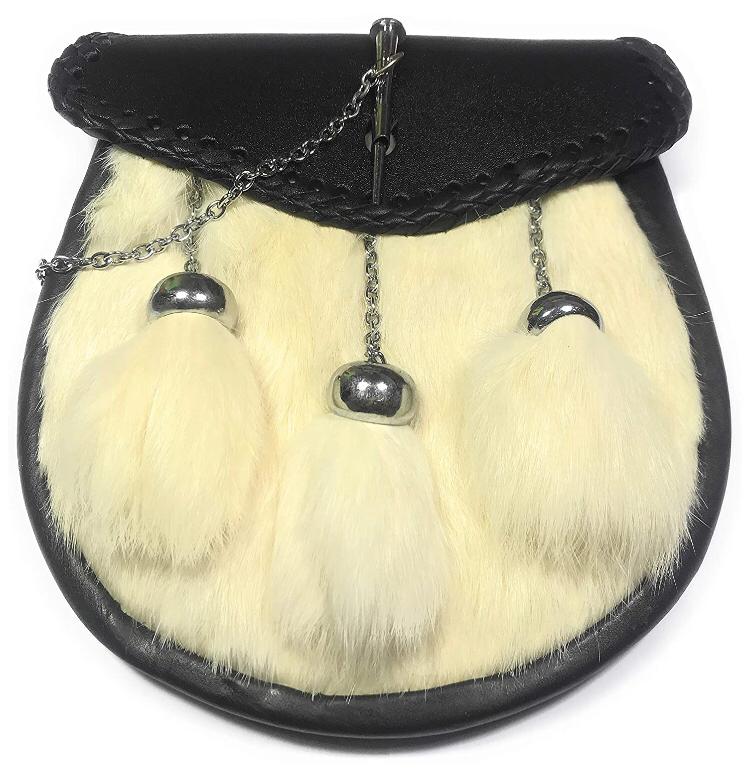 FULL DRESS KILT SPORRAN WITH LATCH PIN ON LEATHER FLAP, OFF WHITE FUR, 3 CHAINED TASSELS, AND CHAIN BELT 015