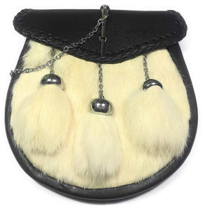 FULL DRESS KILT SPORRAN WITH LATCH PIN ON LEATHER FLAP, OFF WHITE FUR, 3 CHAINED TASSELS, AND CHAIN BELT 015