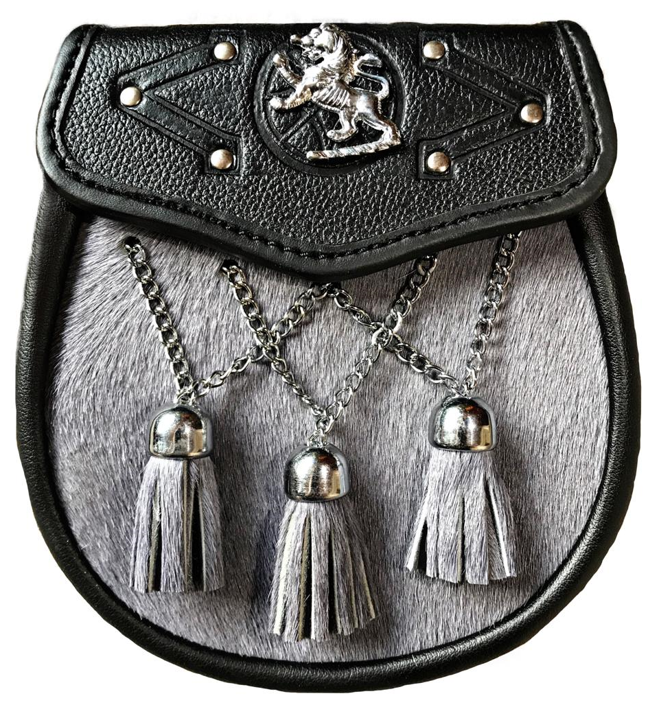 FULL DRESS KILT SPORRAN GREY FUR LION BADGE ON THE FLAP, 3 TASSELS 012