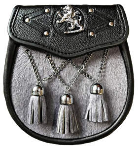 FULL DRESS KILT SPORRAN GREY FUR LION BADGE ON THE FLAP, 3 TASSELS 012