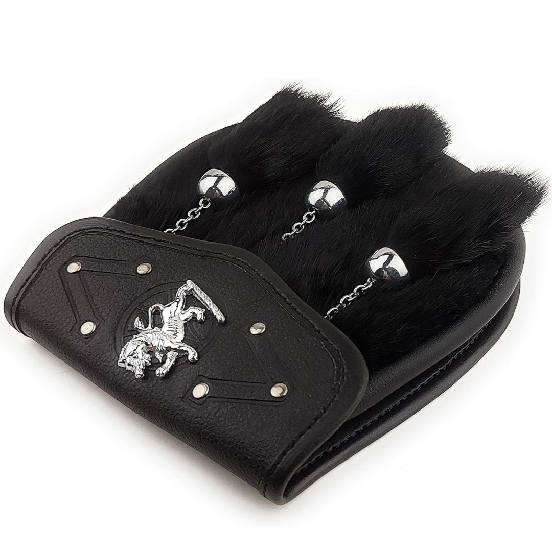 FULL DRESS KILT SPORRAN BLACK FUR LION BADGE ON THE FLAP, 3 TASSELS STRZ-022