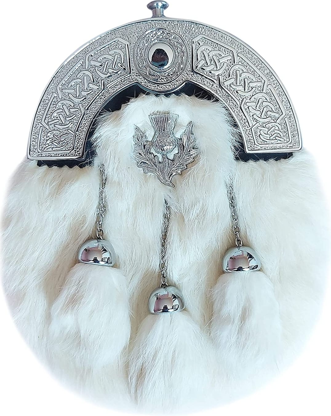 FULL DRESS KILT SPORRAN WHITE & BLACK RABBIT FUR, THISTLE BADGE, CHROME CELTIC CANTLE WITH THISTLE FOR MEN STRZ-011