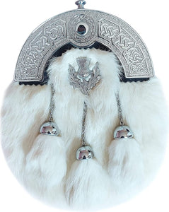 FULL DRESS KILT SPORRAN WHITE & BLACK RABBIT FUR, THISTLE BADGE, CHROME CELTIC CANTLE WITH THISTLE FOR MEN STRZ-011