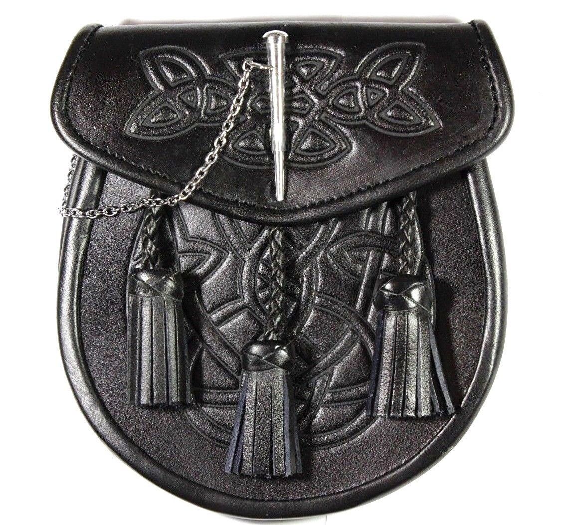 KILT SPORRAN LATCH PIN, CELTIC EMBOSSED FLAP, BLACK LEATHER WITH CHAIN BELT 014