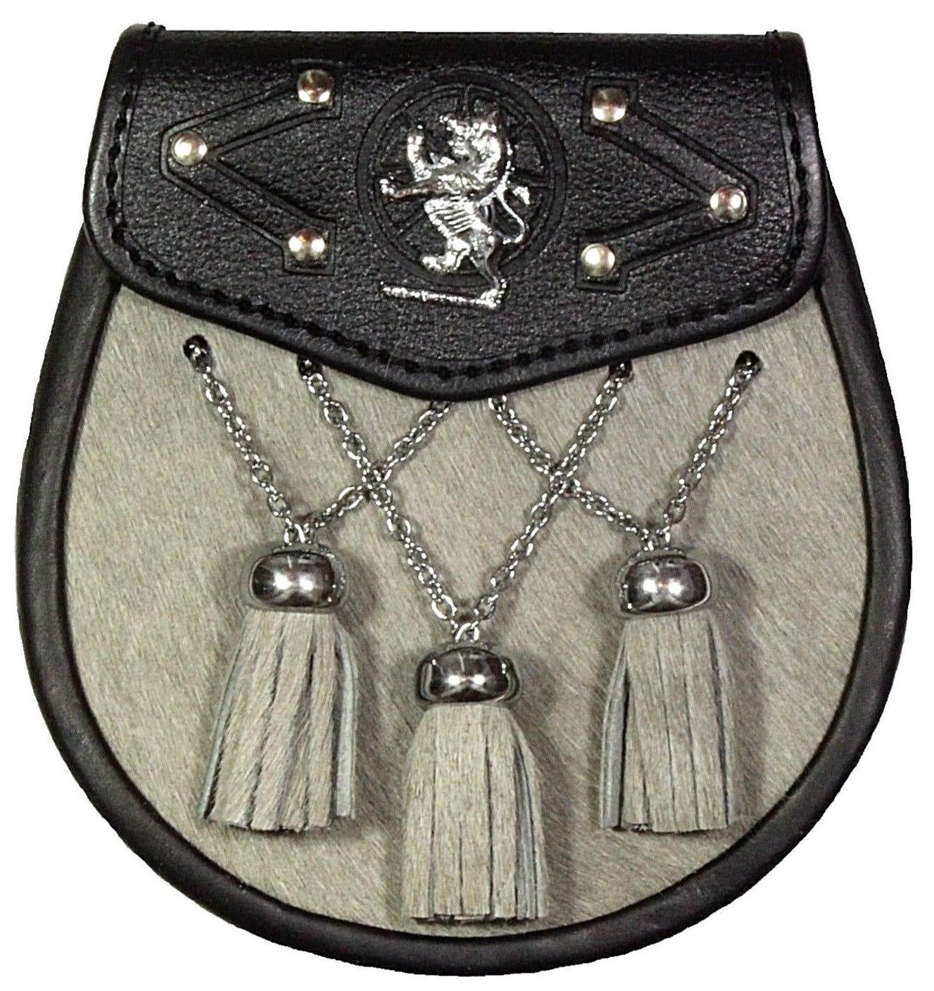 Full Dress Kilt Sporran Fur Lion Badge ON The Flap, 3 Tassels, OFF WHITE/Beige Colour 013