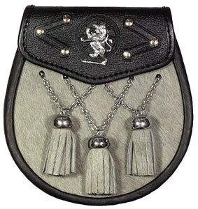 Full Dress Kilt Sporran Fur Lion Badge ON The Flap, 3 Tassels, OFF WHITE/Beige Colour 013