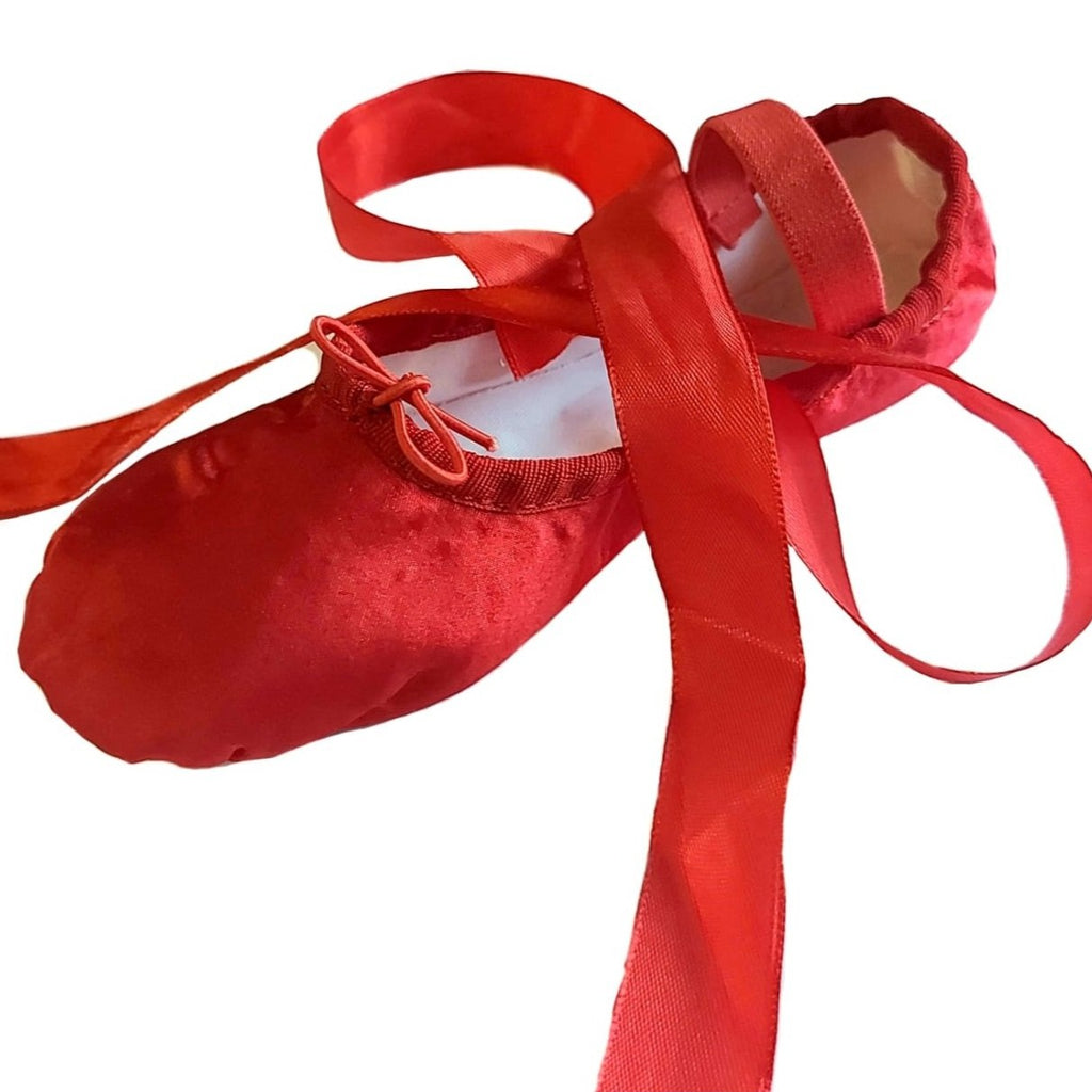 Ballet Shoes with Ribbons, Red Silky Satin with Leather Split Sole for ...